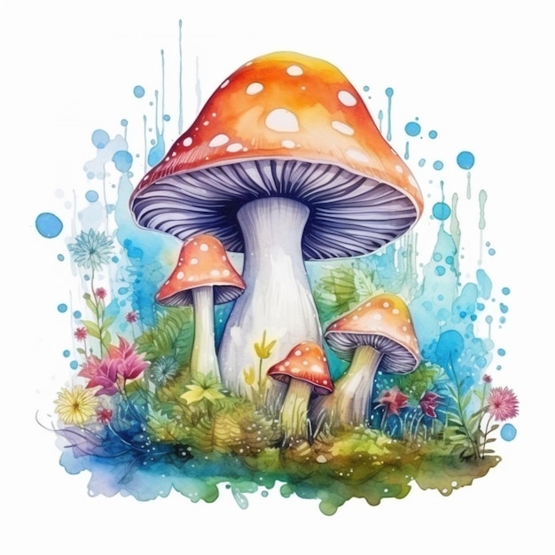 A painting of a mushroom with a lot of flowers and watercolors generative ai