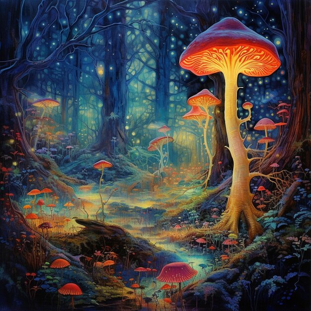 A painting of a mushroom with a red base and a blue light on it.