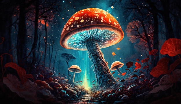 A painting of a mushroom with a red hat and a blue background.