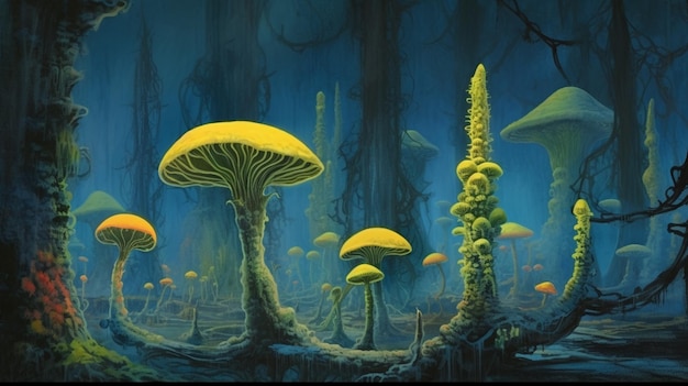 Картина грибы в голубом лесу.