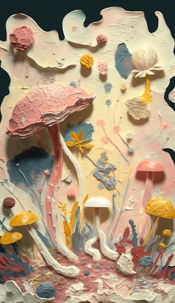 A painting of mushrooms and flowers with a yellow background.