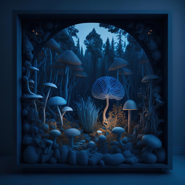 A painting of mushrooms in a forest with a blue background.
