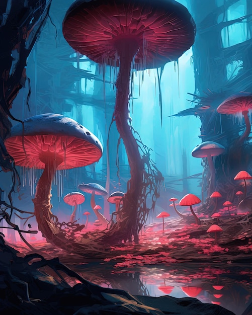 A painting of mushrooms in a forest with a blue background.