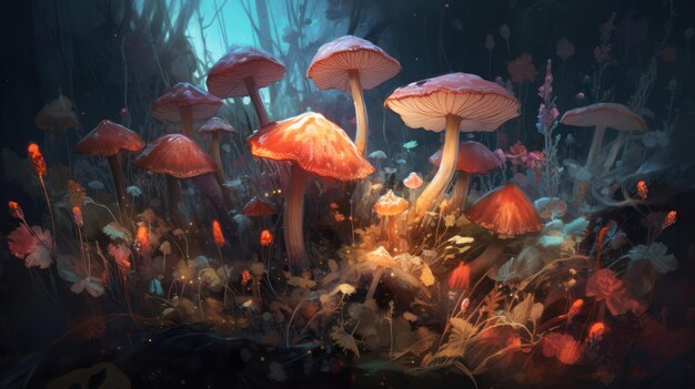 A painting of mushrooms in a forest with a blue background.