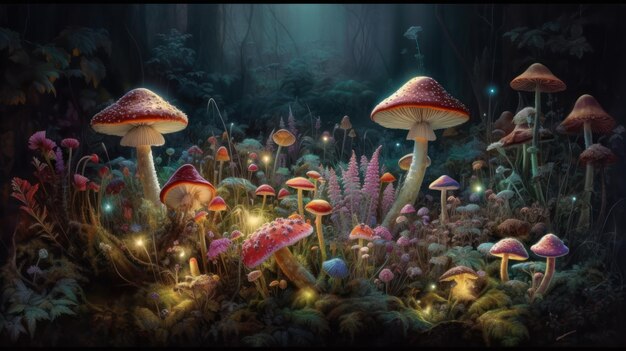 A painting of mushrooms in a forest with a glowing light.