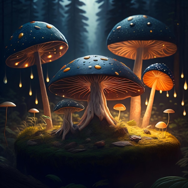 A painting of mushrooms in a forest with a light in the middle.