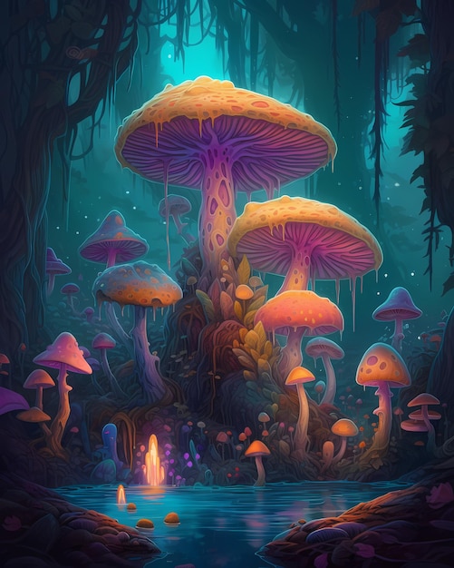 A painting of mushrooms in a forest with a lit candle in the middle