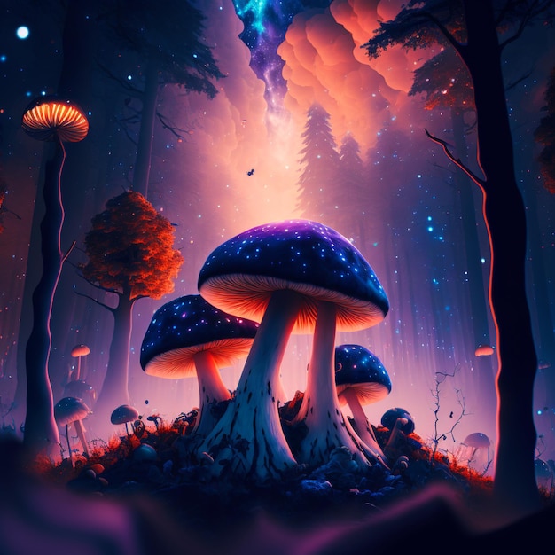 A painting of mushrooms in a forest with a purple mushroom on the left.