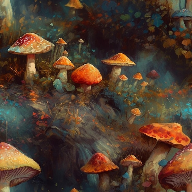 A painting of mushrooms in a forest with the words " mushroom " on the bottom.