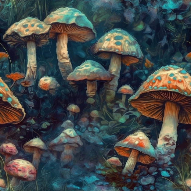 바닥에 'mushroom'이라는 글자가 있는 숲속의 버섯 그림.