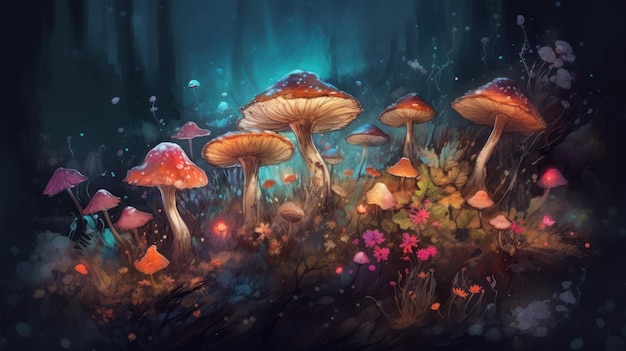 A painting of mushrooms in a forest