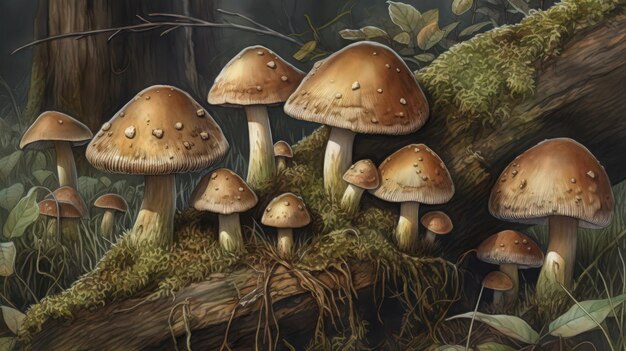 A painting of mushrooms in a forest