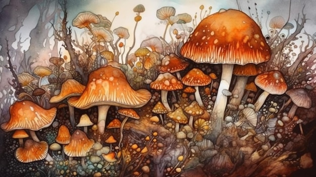 A painting of mushrooms in a forest