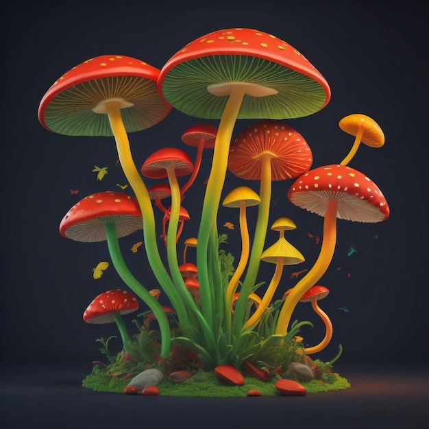 A painting of mushrooms and grass with a green background.