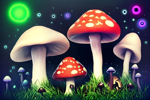 A painting of mushrooms in the grass with the sun shining on them.
