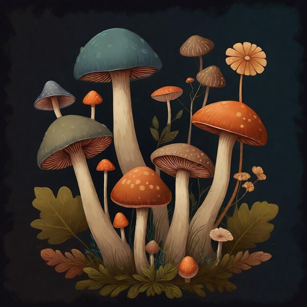 a painting of mushrooms and leaves with a blue background