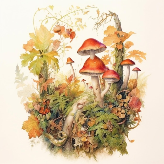 A painting of mushrooms and leaves with a red and white cap.