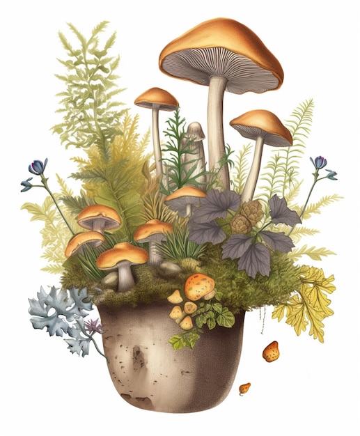 A painting of mushrooms in a pot with a planter with a planter in the background.