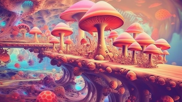 A painting of mushrooms and a rainbow.