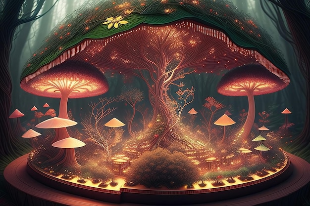 A painting of mushrooms and a tree with a green background