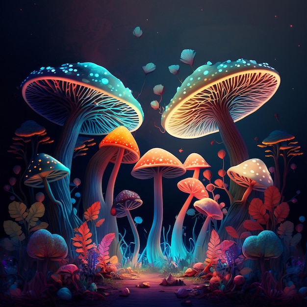 A painting of mushrooms with a blue light on it