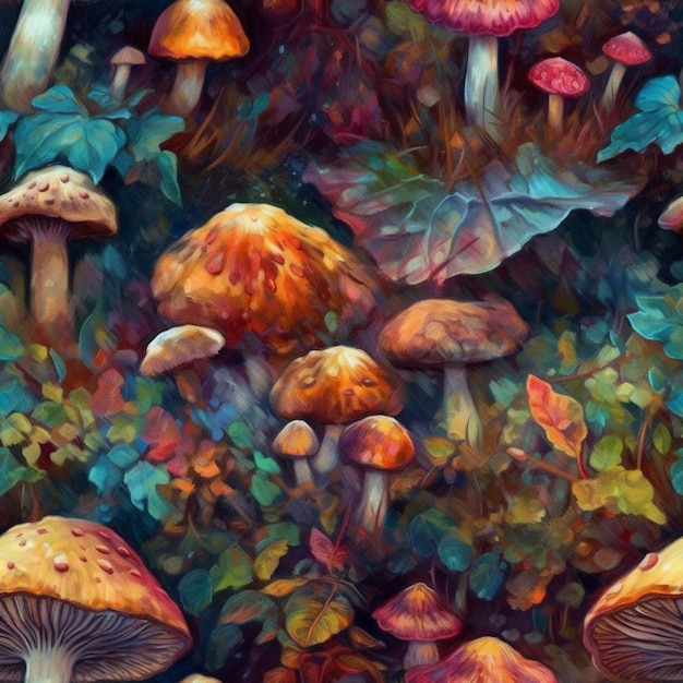 A painting of mushrooms with a leaf on it