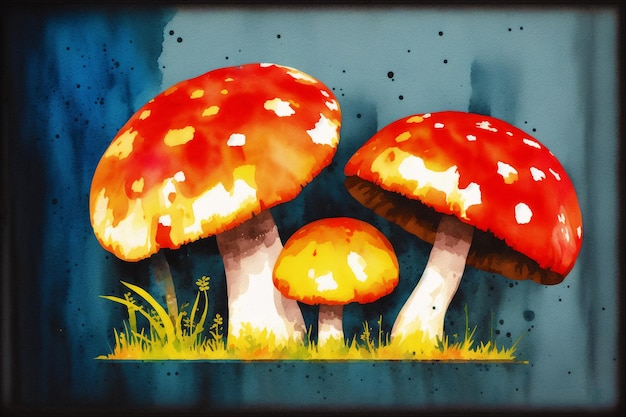 A painting of mushrooms with the word mushroom on the bottom.