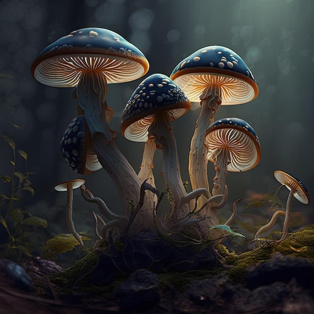 A painting of mushrooms with the word'mushroom'on it