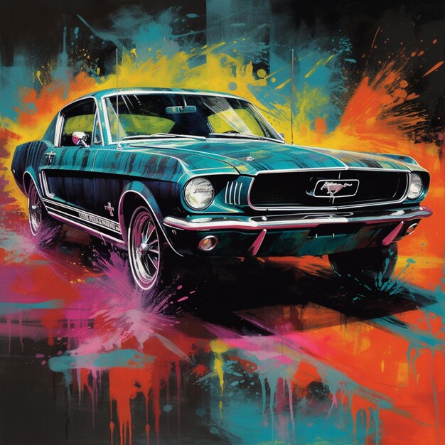 Painting of a mustang car with a colorful background generative ai