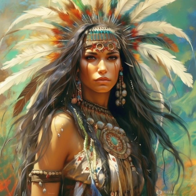 painting of a native american woman with feathers and jewelry generative ai