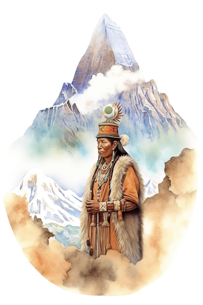 Картина с изображением туземца, стоящего перед горой. Генеративное изображение ИИ.
