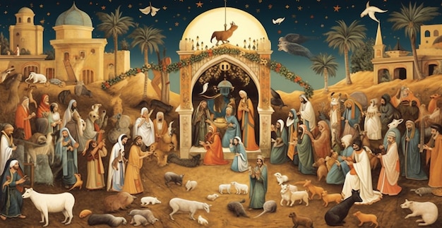 a painting of a nativity scene with a manger scene and animals generative ai