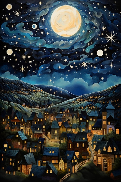 painting of a night scene with a full moon and a town generative ai