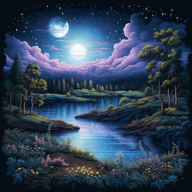 painting of a night scene with a lake and a full moon generative ai