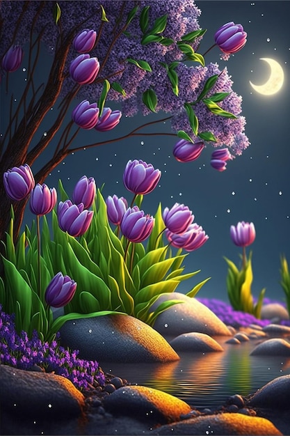 Painting of a night scene with purple flowers generative ai