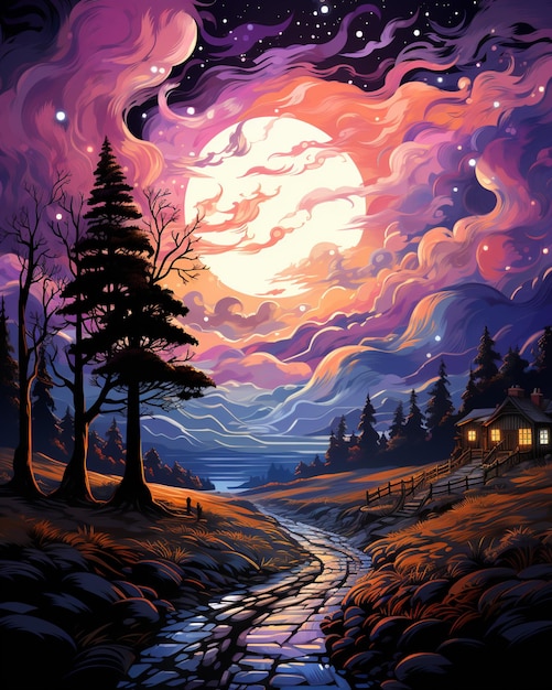 painting of a night scene with a river and a full moon generative ai