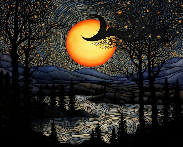 a painting of the night sky with the moon and stars