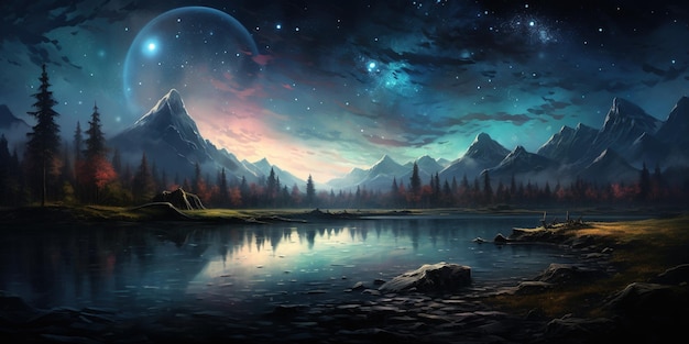 호수 위 에 있는 별 들 이 있는 밤 하늘 의 그림