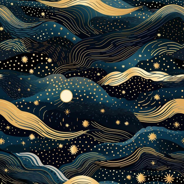 A painting of the night sky with stars and the moon.