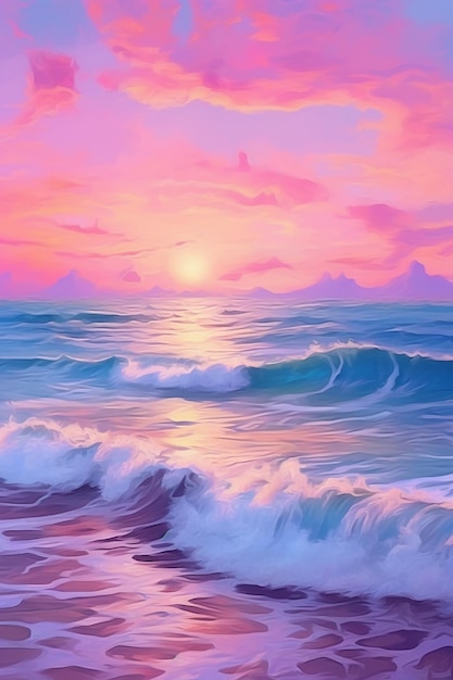 Photo a painting of the ocean and the sunset