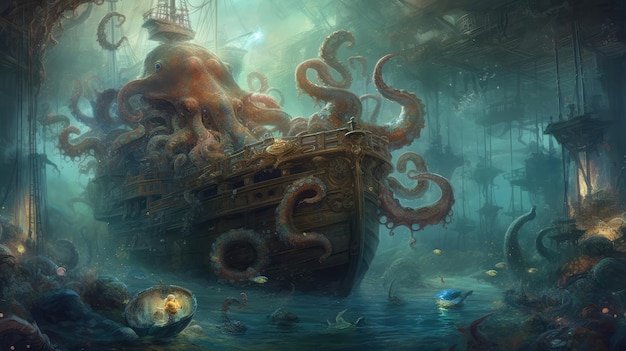 A painting of an octopus ship in the ocean