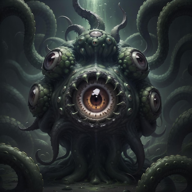 A painting of an octopus with a large eye