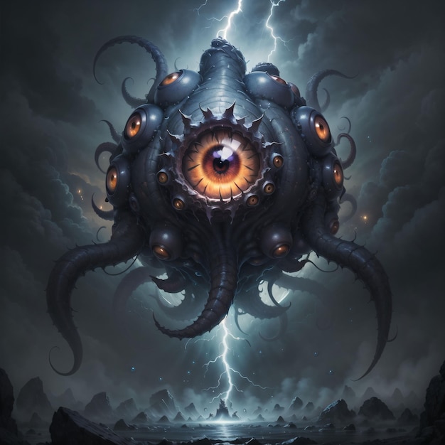 A painting of an octopus with a lightning bolt in the background.