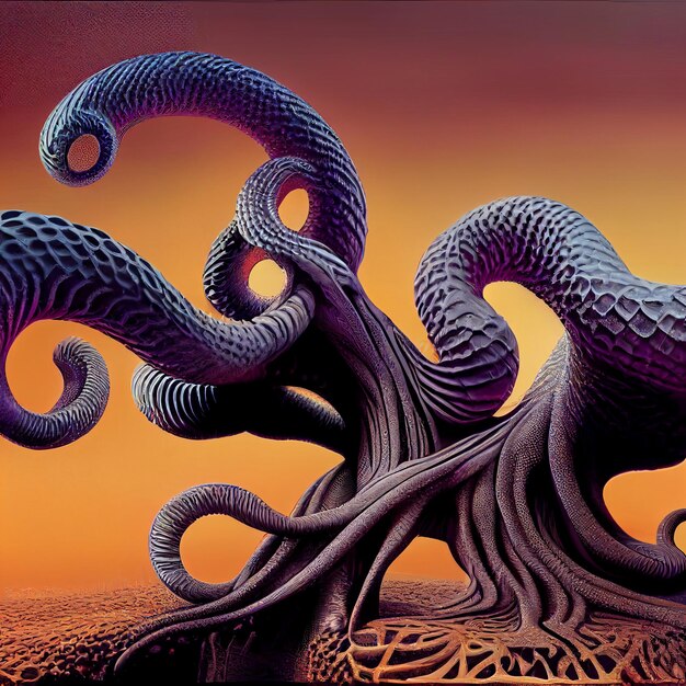 A painting of an octopus with a red background.