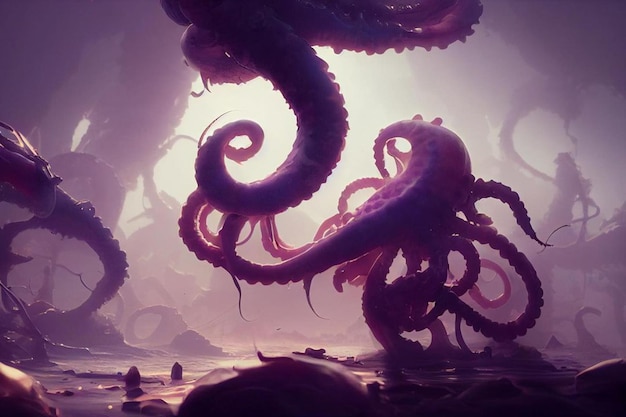 A painting of an octopus with tentacles in the background