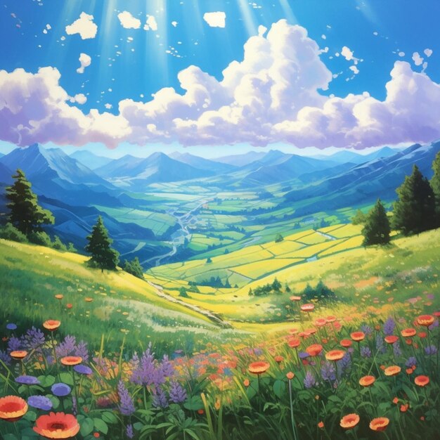 사진 꽃과 계곡을 가진 아름다운 산의 풍경을 그린 그림