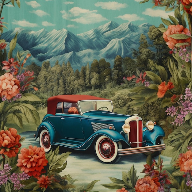 写真 painting of a blue car with a red roof and a red top generative ai