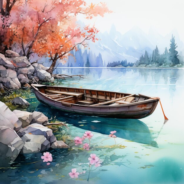 Фото Картина лодки на озере с горой на заднем плане генеративный ai