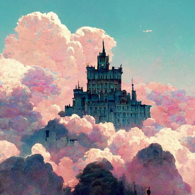 写真 雲の中の城の絵 ベンチに立っている人