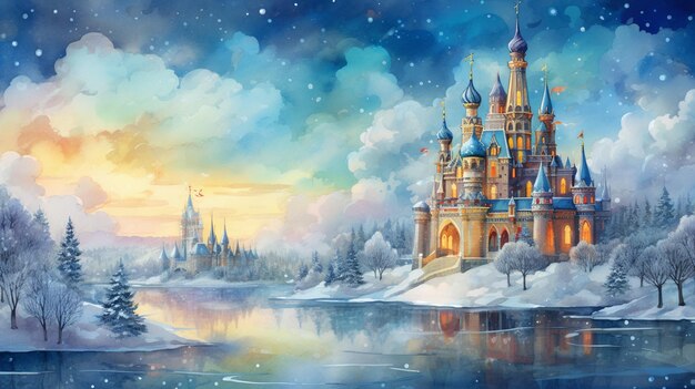 写真 雪の中の城の絵 - 湖と木々